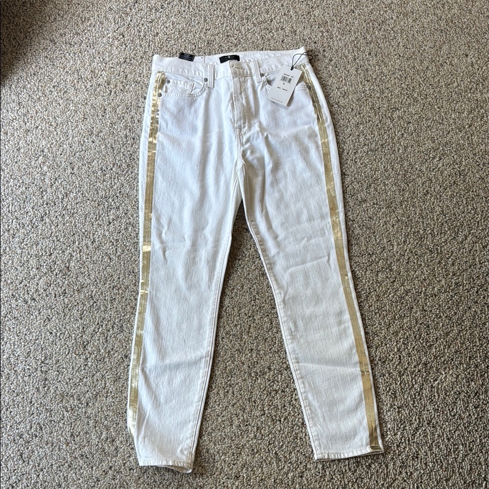 7 For All Mankind White Skinny Jeans with Gold Trim